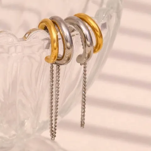 Bicolor Stainless Steel Stud Earrings 18K Gold Plated Interlocking Rings With Long Chain Tassel Fringes For Women