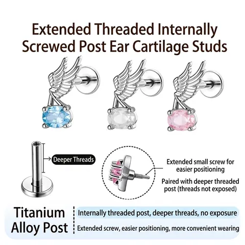 Angel Wing Cartilage Stud Titanium Alloy Internal Threaded Post Copper Zirconia Piercing Jewelry Cool Women Men