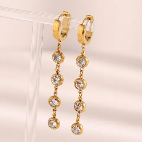 Orecchini Lunghi A Pendente Con Nappa Eleganti Da Donna Acciaio Inossidabile Placcato Oro 18K Con Zircone Tondo