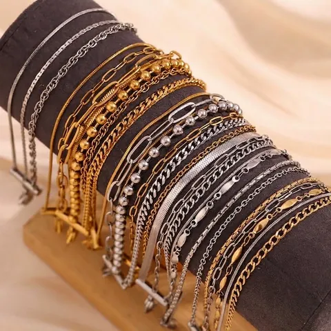 Stainless Steel Layered Anklet For Women 18K Gold Plated Minimalist Triple Layer Chain Snake Bone Geometric Ankle Jewelry