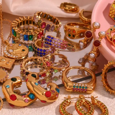 Vintage Edelstahl Strass Schmuckset Für Damen Gold Plattiert Bunte Künstliche Perle Herz Kreuz Luck Halskette Ohrringe Ring