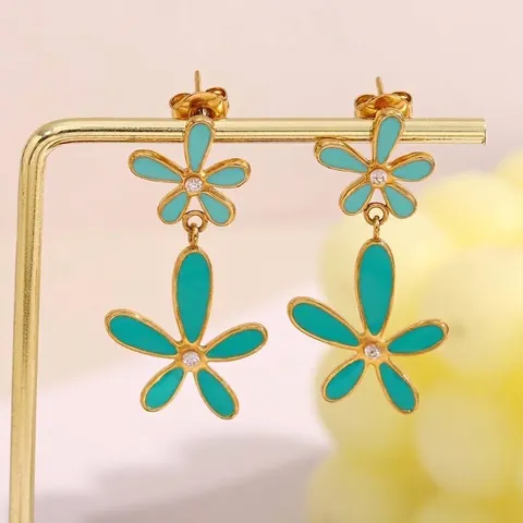 Madeliefje Dubbele Bloem Oorknopjes Roestvrij Staal 18K Verguld Emaille Zirkoon Florale Sieraden Voor Dames Muntgroen