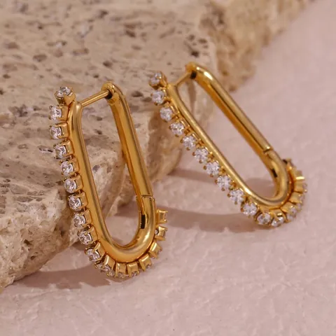 U-Shaped Hoop Earrings 18K Gold Plated 316L Stainless Steel Cubic Zirconia Statement Fashion For Women
