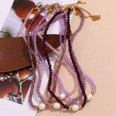 Collana Perle Acqua Dolce Fatta Mano Acciaio Inossidabile Cristallo Viola Catena Perline Gioielli Geometrici Moda Donna
