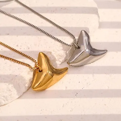 Shark Tooth Pendant Necklace Stainless Steel 18K Gold Plated Geometric Minimalist Style High Polish Jewelry For Women