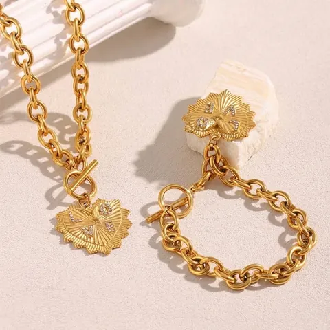 Heart Pendant Necklace And Bracelet 18K Gold Plated Stainless Steel LOVE Rhinestone Inscription Chunky O Chain Retro