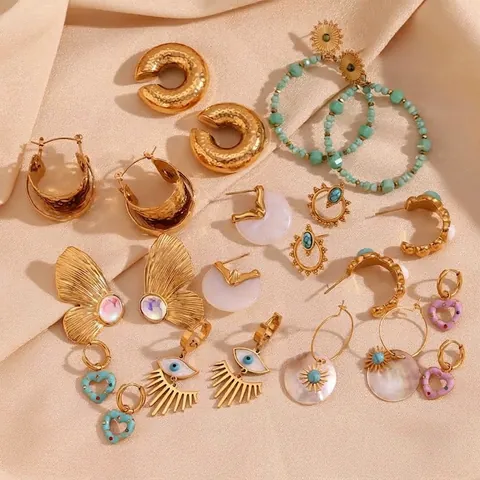 Pendientes De Acero Inoxidable 316L Vintage Chapados En Oro De 18K Textura Martillada Ojo Turco Mariposa Piedra Natural Para Mujeres