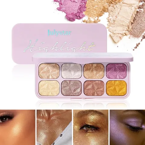 Julystar 8 Color Glitter Eyeshadow Palette Shimmer Highlighter Palette Potato Mash Texture Waterproof Face Body Brightener