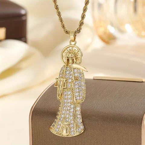 Vintage Santa Muerte St Jude Pendant Necklace Copper Gold Plated Zirconia Micro Pave Hip Hop Long Rope Chain Jewelry Women