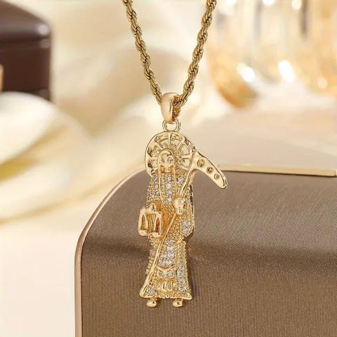 Vintage Santa Muerte St Jude Pendant Necklace Copper Gold Plated Zirconia Micro Pave Hip Hop Long Rope Chain Jewelry Women