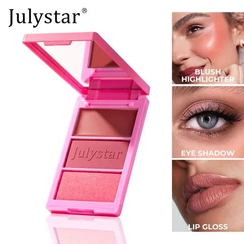 Julystar 3 En 1 Palette Fards à Joues Illuminateur Contouring Viso Trio Imperméable Longue Durée Maquillage Naturel Poudre Crème Tray