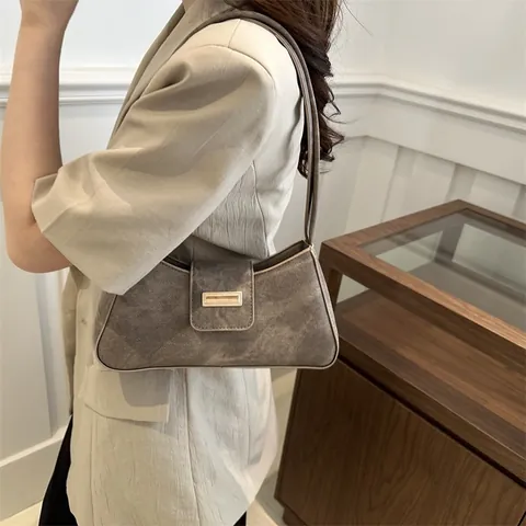 Retro Frosted PU Leather Baguette Underarm Bag For Women Rectangular Metal Buckle Vintage Solid Color Crossbody Handbag