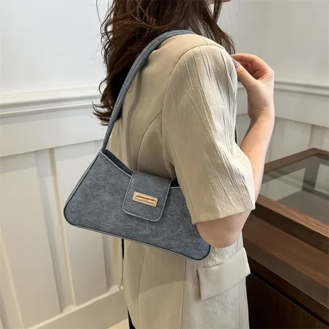 Retro Frosted PU Leather Baguette Underarm Bag For Women Rectangular Metal Buckle Vintage Solid Color Crossbody Handbag