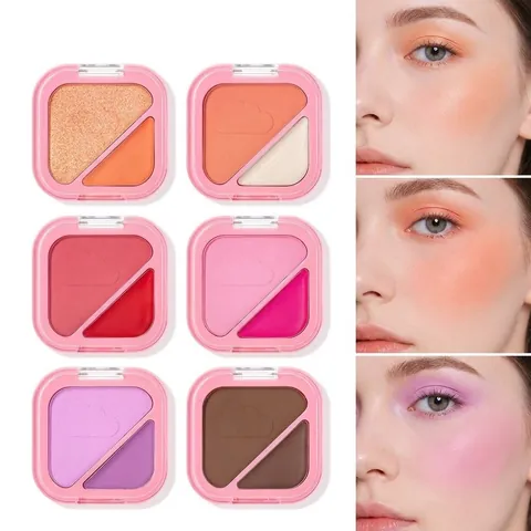 Palette de Fard à Joues Double Couleur 2-en-1 Gaufrage Nuage Poudre et Crème Maquillage Visage Longue Durée Rouge Illuminateur