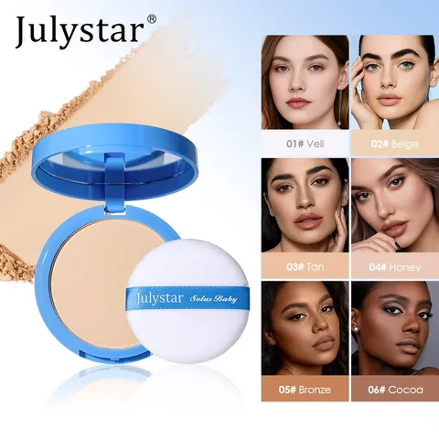 Julystar Poudre Pressée Mate Soyeuse Maquillage Visage Longue Durée Contrôle du Sébum Poudre Fixatrice Imperméable Miroir et Houppette