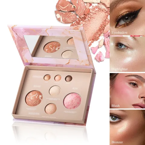 Palette de Maquillage Motif Marbre Poudre Cuite Fard à Joues Illuminateur Ombre à Paupières Ensemble Cosmétique Visage