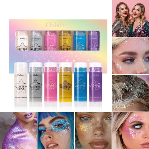 Clubday Multicolor Holographic Glitter Stick Kit For Face Body Hair Dazzling Body Highlighter Gel Stick Makeup Kit