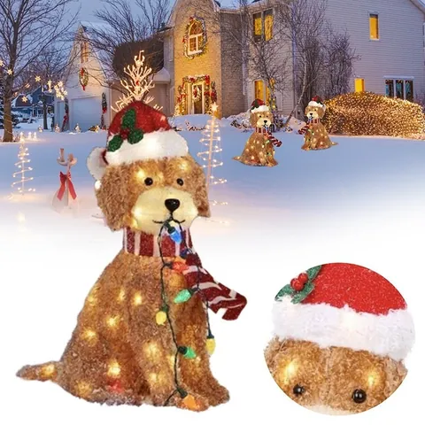 Segnaposto da Giardino Cane di Natale Luminoso in Acrilico LED Golden Retriever Con Sciarpa Cappello Decorazione per Esterni