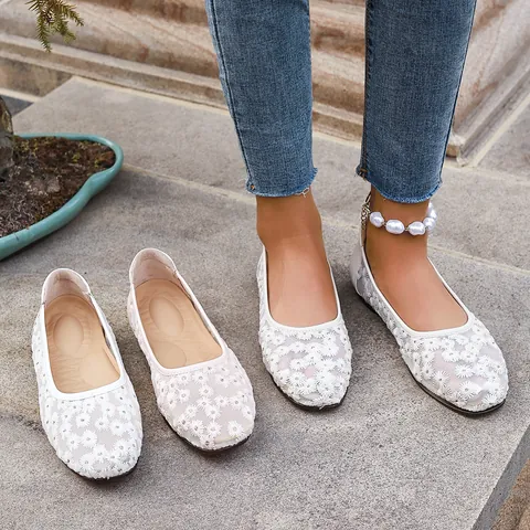 Zapatos Planos Mary Jane de Malla para Mujer Transpirables Bordado Floral Corazón Bailarinas Antideslizantes