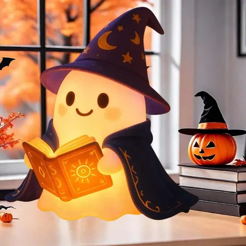 Lámpara de Figura de Fantasma Leyendo un Libro de Halloween Fantasma Mago de Resina Luz Nocturna a Batería Adorno de Mesa