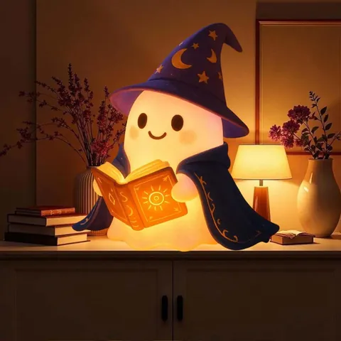 Lámpara de Figura de Fantasma Leyendo un Libro de Halloween Fantasma Mago de Resina Luz Nocturna a Batería Adorno de Mesa