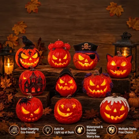 Halloween Pumpkin Solar Garden Stake Light Waterproof Resin Ornament Outdoor Yard Decor Crow Pirate Cat Ghost Design