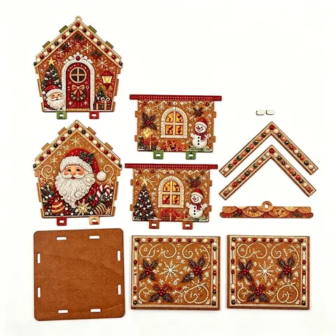 Kit Maison de Noël DIY Art de Perles Ornement Festif en Bois Peinture Strass Décoration Maison Cadeau de Vacances Père Noël