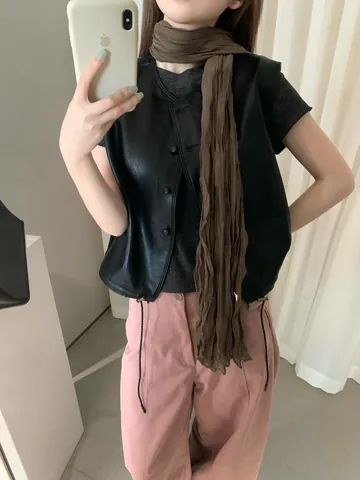 Gilet da Donna in Ecopelle Retrò Con Sciarpa Stile Old Money Senza Maniche Bottoni Coulisse Orlo Gilet Corto Capispalla Top