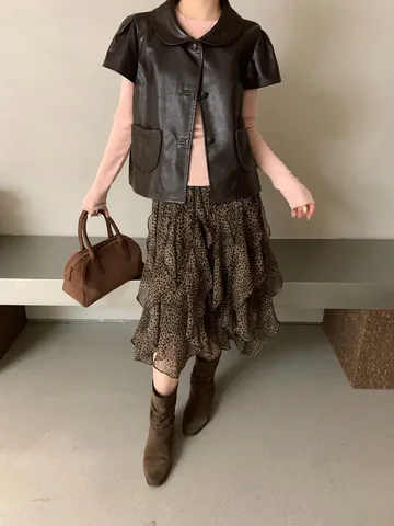 Gilet in Pelle PU da Donna con Colletto Peter Pan Stile Coreano Senza Maniche a Volant Gilet Monopetto Tinta Unita