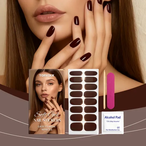 TORVIKX Coffee Brown Soft Gel Nail Sticker Set 16 Pcs Waterproof Long Lasting 3D Glossy Press On Nail Art With Prep Pad And Tools