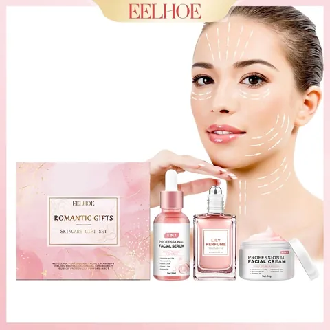 Set de Regalo Romántico Rosa para el Cuidado de la Piel 3 Piezas Suero Facial Crema Facial y Perfume de Lirio Kit de Belleza Hidratante Hidratante Anti Envejecimiento para Mujer
