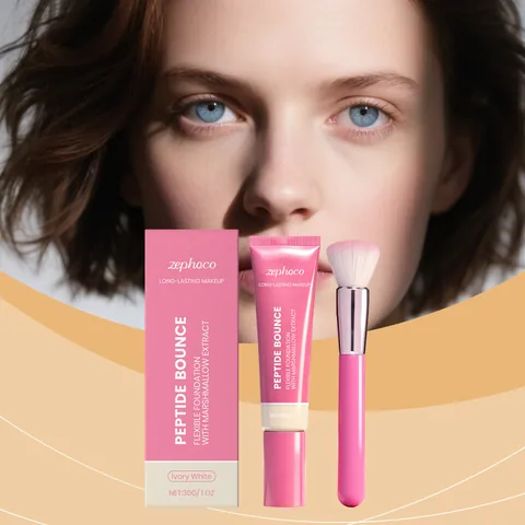 Peptide Bounce Flexible Liquid Foundation with Brush Ivory White 30g Long Lasting Matte Concealer Moisturizing Face Makeup