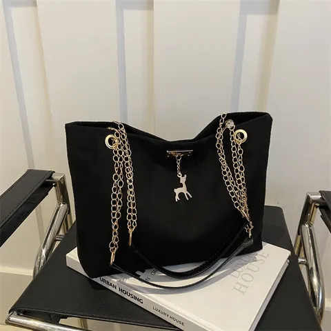 Vintage Women PU Leather Tote Bag with Chain Strap and Deer Pendant Matte Texture Shoulder Crossbody Commuter Bag