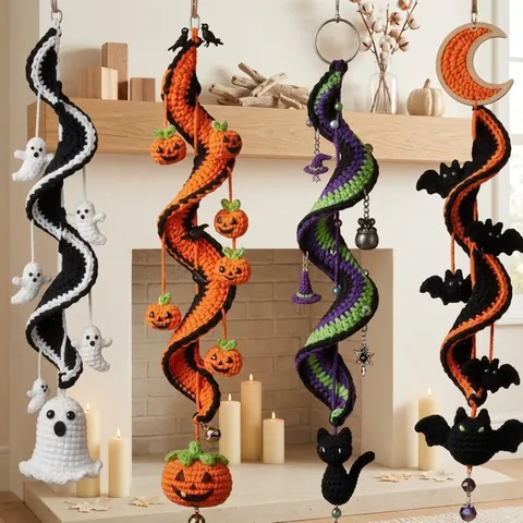 Halloween Crochet Spiral DIY Kit Handmade Hanging Ornament Ghost Pumpkin Black Cat Bat Material Supplies Home Party Decoration
