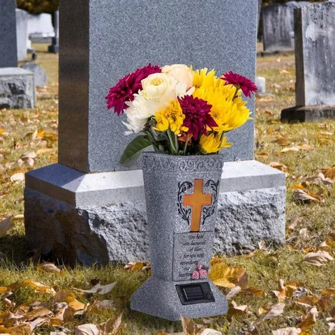 Solar Powered Cemetery Memorial Vase With LED Cross Light Waterproof Resin PS Grave Marker For Pet Garden Yard Halloween Decor