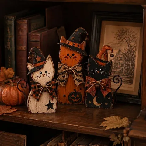Juego de Decoración de Gato Bruja de Halloween Vintage 3 Piezas Estatuas de Gato de Madera Con Sombrero de Bruja Para Hogar