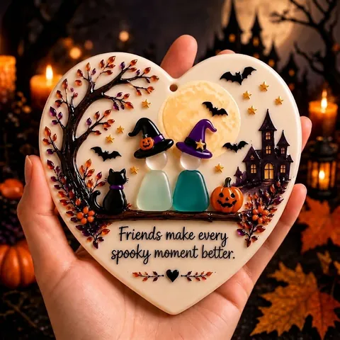Ornamento a Cuore di Vetro Marino di Halloween Regalo di Amicizia Con Motivo a Zucca e Gatto Per Decorazione Casa Festa