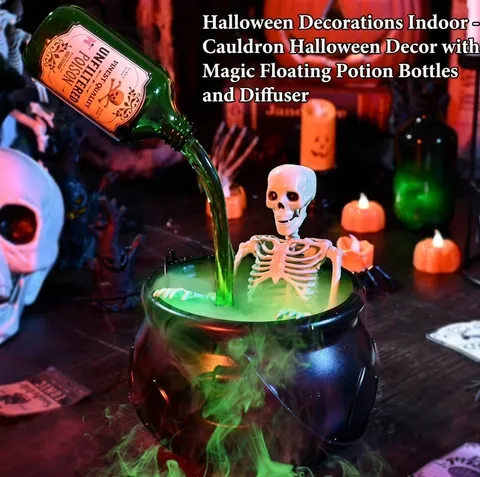 Halloween Witch Cauldron Fogger With Green Led Light Skeleton Decor Plastic Kettle Fog Machine For Indoor Party Decoration