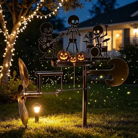 Girandola Cinetica Halloween Banda di Scheletri Decorazione Giardino Esterno Zucca Batterista Scheletro Ornamenti