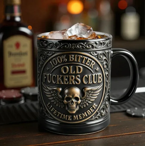 Old Fuckers Club Totenkopf Kaffeetasse Gothic Biker Keramikbecher Halloween Party Geschenk Bedrucktes Retro Design Souvenir