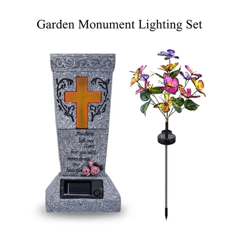 Solar Powered Cemetery Memorial Vase With LED Cross Light Waterproof Resin PS Grave Marker For Pet Garden Yard Halloween Decor