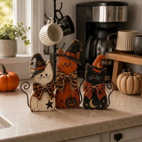 Juego de Decoración de Gato Bruja de Halloween Vintage 3 Piezas Estatuas de Gato de Madera Con Sombrero de Bruja Para Hogar