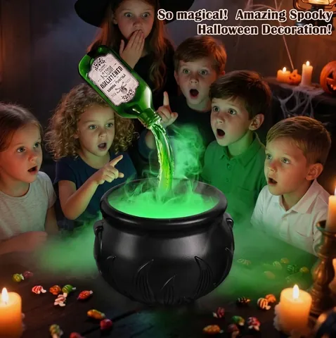 Halloween Witch Cauldron Fogger With Green Led Light Skeleton Decor Plastic Kettle Fog Machine For Indoor Party Decoration