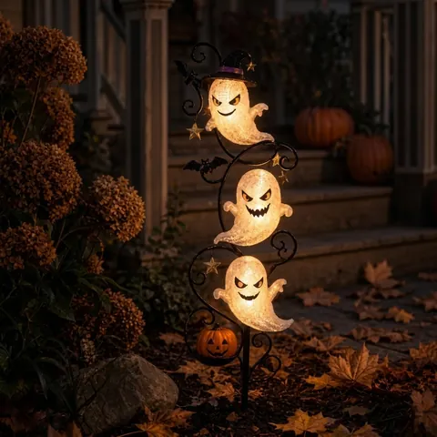 Solar Powered Halloween Ghost Garden Stake Lights Outdoor Waterproof Three Headed Ghost With Wizard Hat Pumpkin Decor