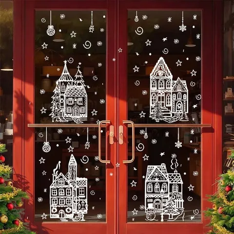 Autocollants de Fenêtre Village de Noël Blancs Art Linéaire Flocon de Neige Décalcomanies PVC Statiques pour Décoration Maison