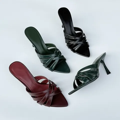 Sandalias de Tacón de Aguja Vintage Francés para Mujer Correas Cruzadas Mulas de Punta Estrecha Elegante Cuero PU Suela Goma