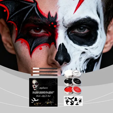 Zephoco Σετ Μακιγιάζ Προσώπου και Σώματος για το Halloween Επαγγελματικό Μαύρο Λευκό Κόκκινο Κρέμα Με 3 Πινέλα και Στένσιλ για Πάρτι