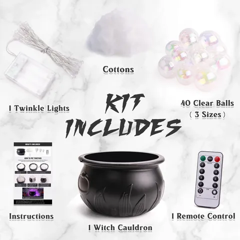 Halloween Witch Cauldron with Purple LED Bubbles Kit Plastic Potion Pot Candy Bucket Retro Party Desktop Decor Haunted House Prop