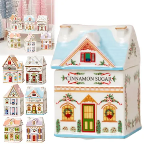 Ceramic Christmas Village Spice House Set Holiday Gingerbread House Seasoning Jars For Kitchen Decor Cocoa Sugar Storage Containers