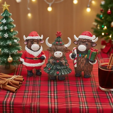 Simpatica Statuetta di Mucca delle Highlands Scozzesi in Resina Ornamento da Scrivania per Natale e Ringraziamento Decorazione Domestica